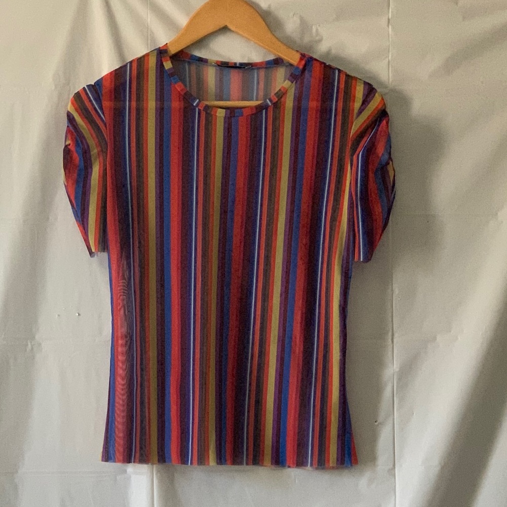 Zara Medium Pin Stripe Sheer Colorful Spring Puff Sleeve Top